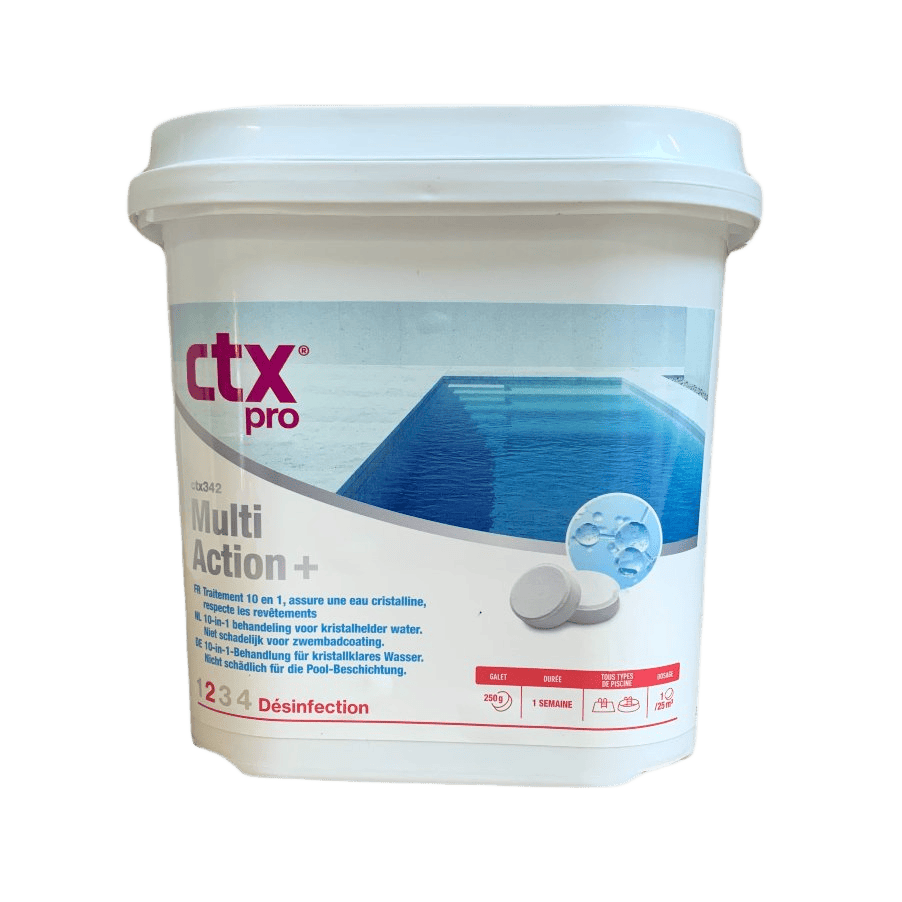 Multiactie chloortabletten voor zwembadreiniging, 5 kg, geschikt voor waterdesinfectie.