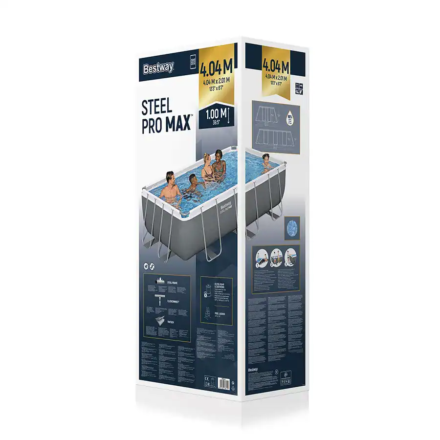 Bestway Steel Pro Max zwembad met filterpomp en accessoires, geschikt voor zomerse ontspanning.
