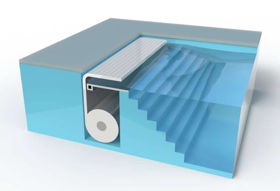 Afbeelding van een automatische zwembadrolluiklamel met waterdichte werking.