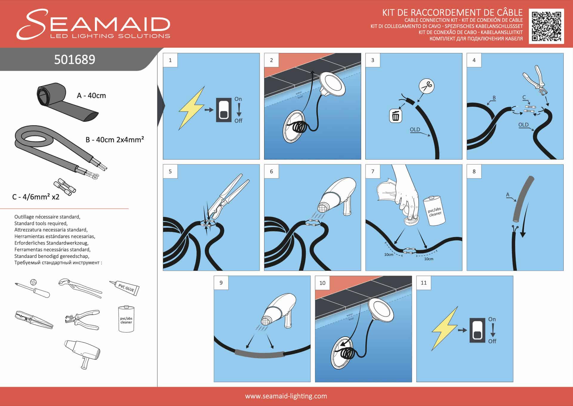 Seamaid speciale renovatie kabelaansluitset met 40cm kabel 2x4mm² voor zwembadverlichting.