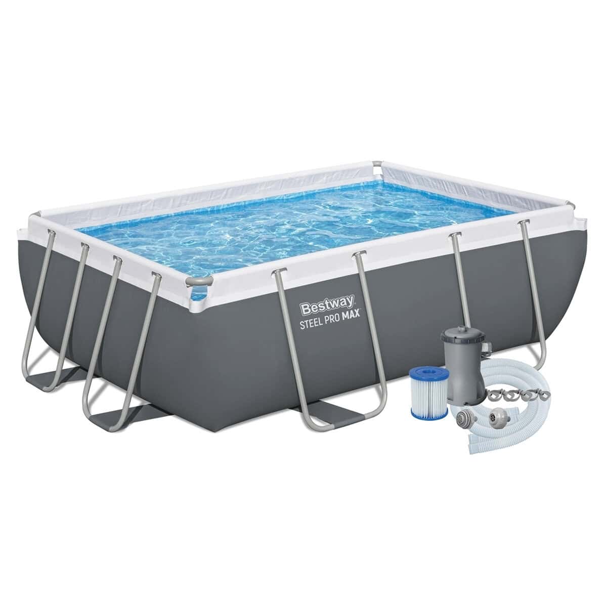 Zwembad met filterpomp en accessoires voor thuisgebruik.