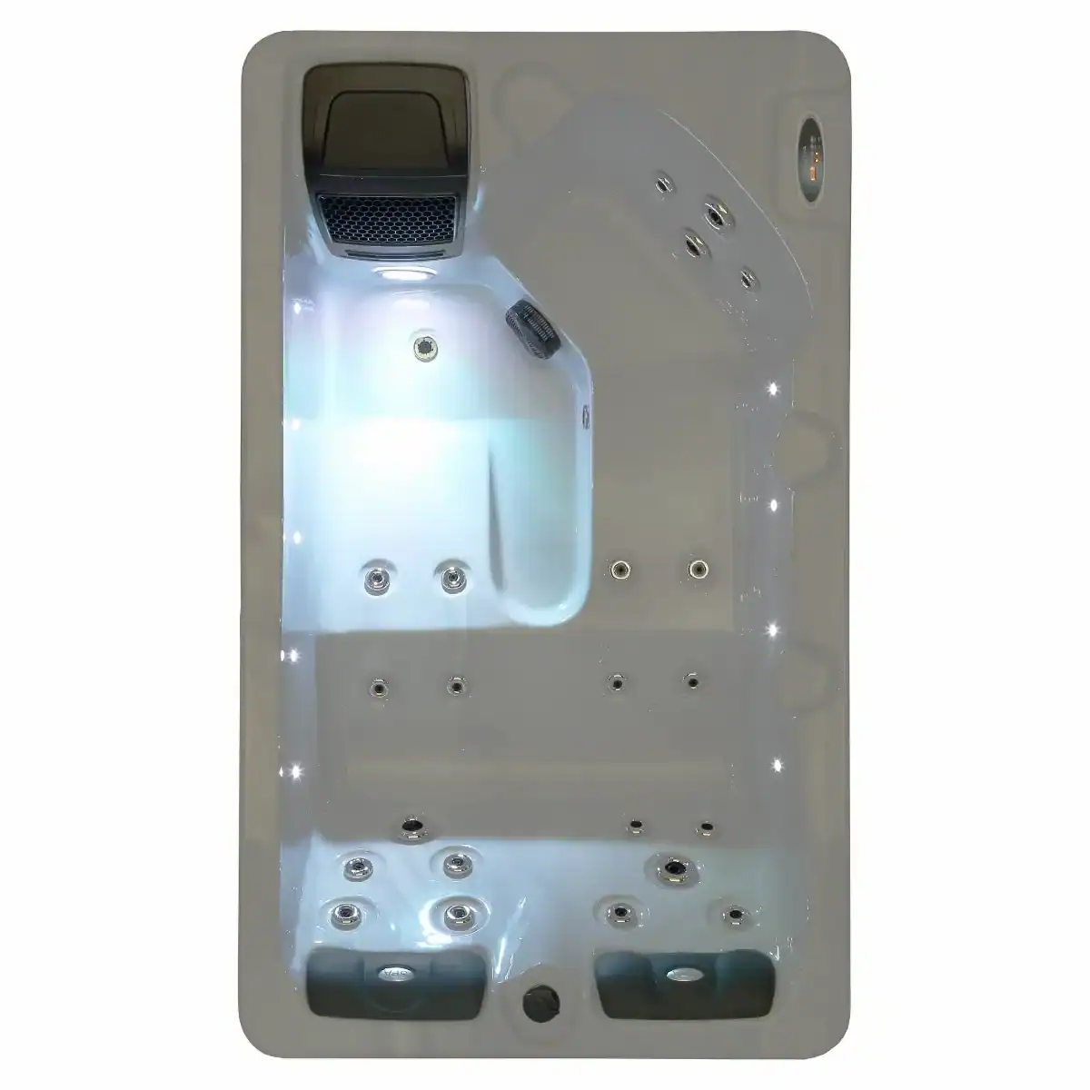 Luxe 3-persoons spa met verlichting en jets voor ontspanning.