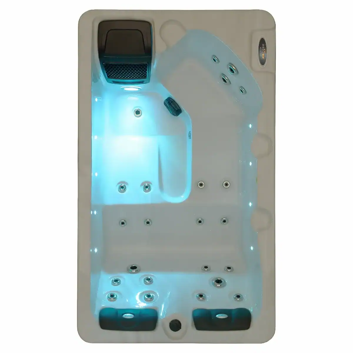 Luxe 3-persoons spa met verlichting en massagejets voor ontspanning.