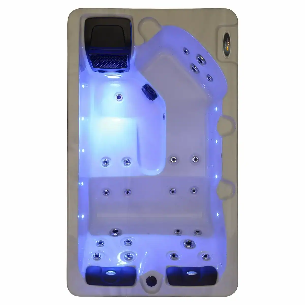 Luxe 3-persoons spa met LED-verlichting en jets voor ontspanning.