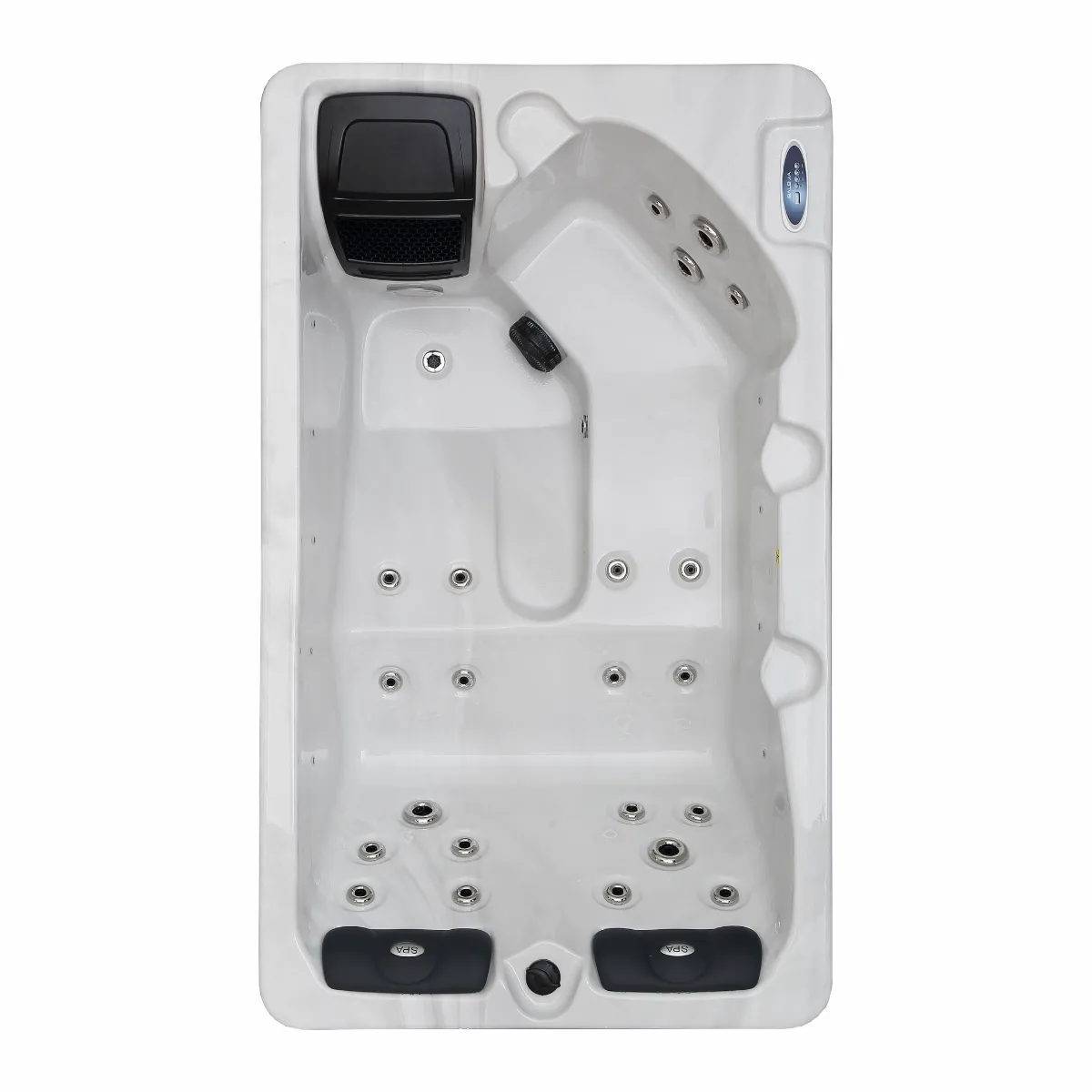 W'eau Hudson spa voor 3 personen met massagejets en controlepaneel.
