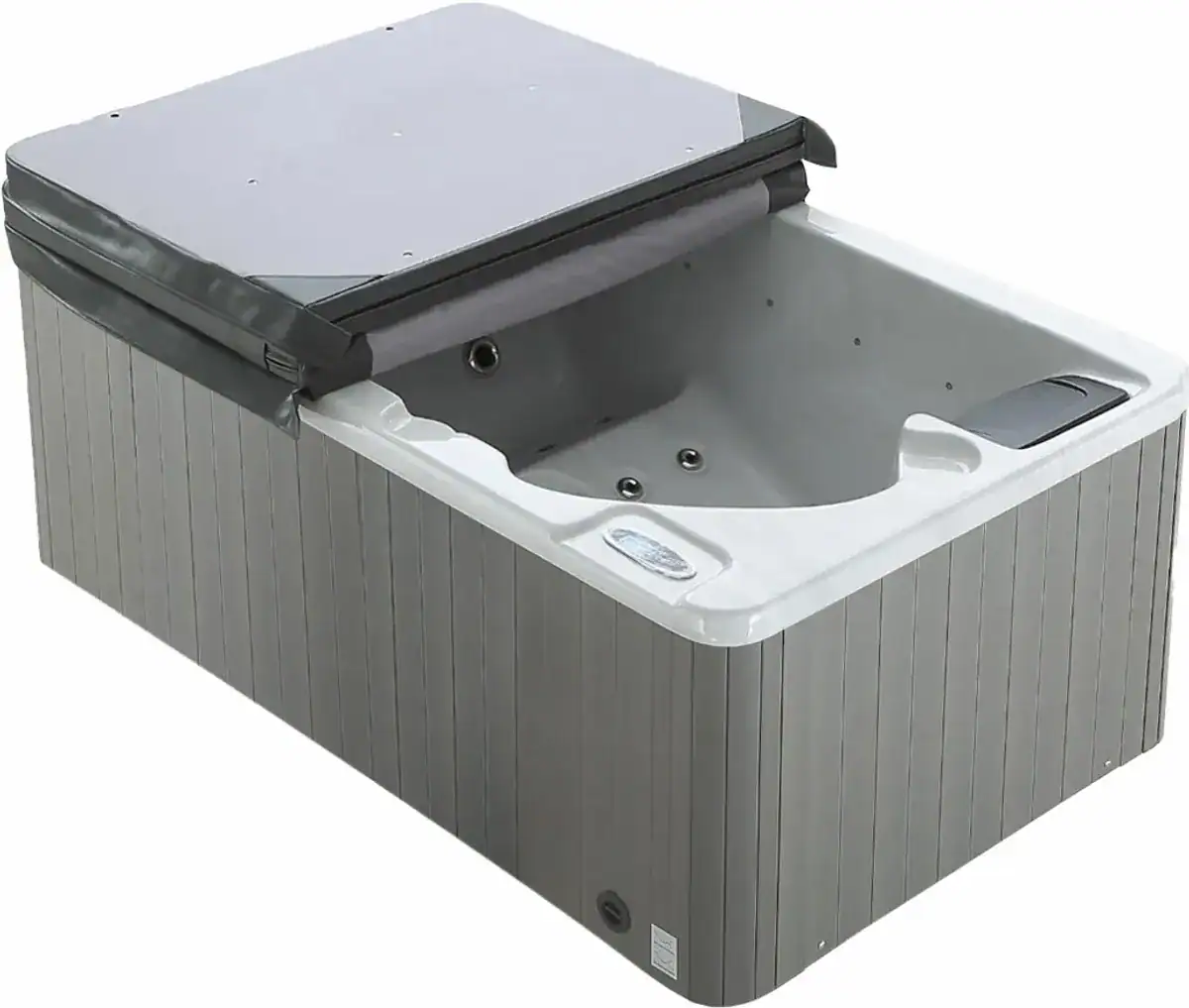 Compacte 3-persoons hottub met afdekking voor ontspanning thuis.