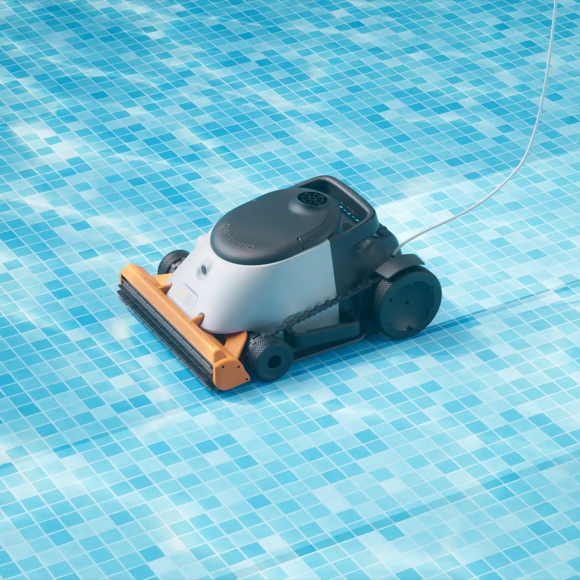 Zwembad schoonmaakrobot die het zwembad water reinigt op een blauwe tegelvloer.