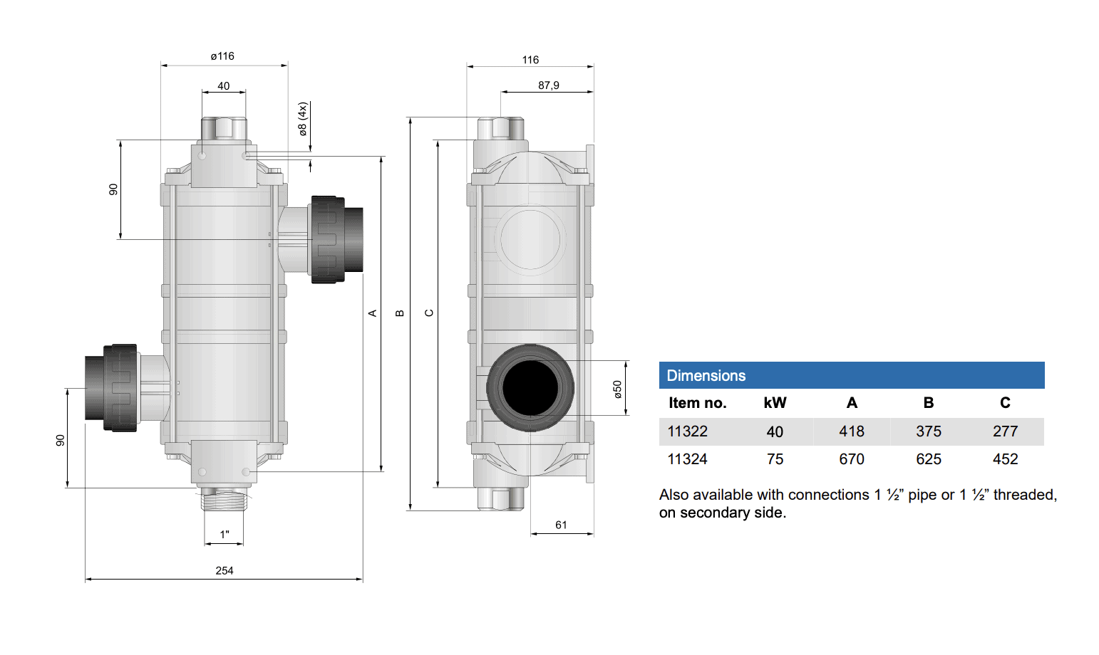 Pahlen warmtewisselaar Hi-Temp Titanium 75 kW voor zwembadverwarming.