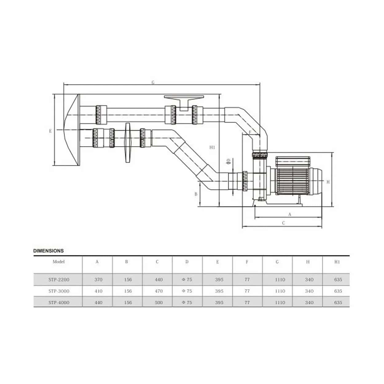 Technisch schema van de Jetstream STP-4000 krachtstroom zwembadpomp.