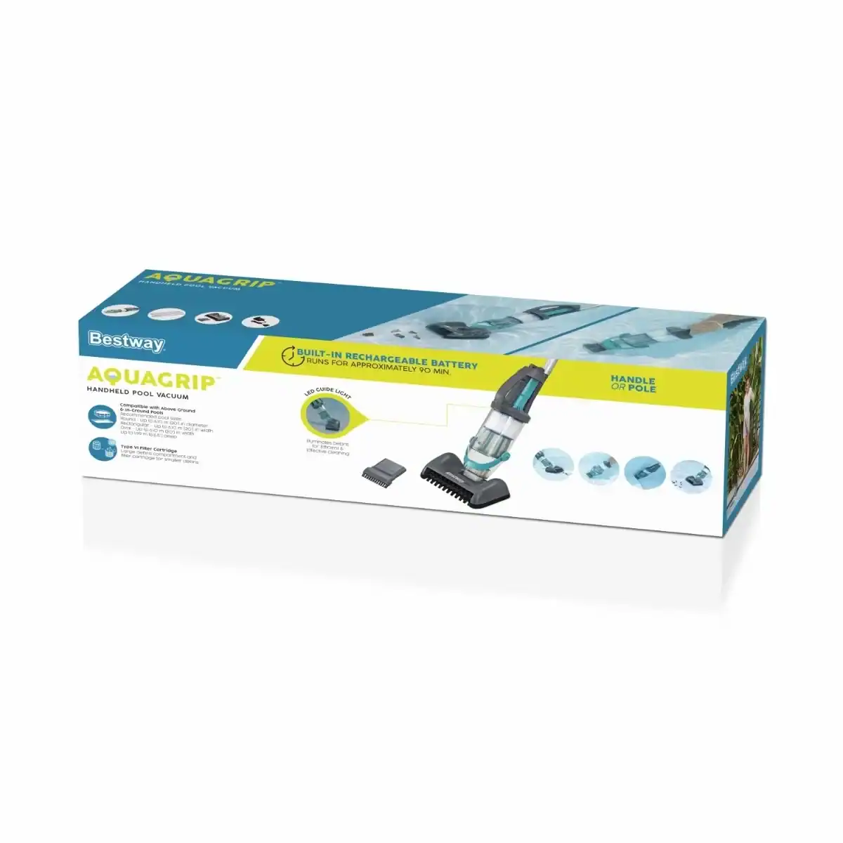 Elektrische zwembadstofzuiger voor schoonmaken van zwembaden, inclusief accu en borstel.