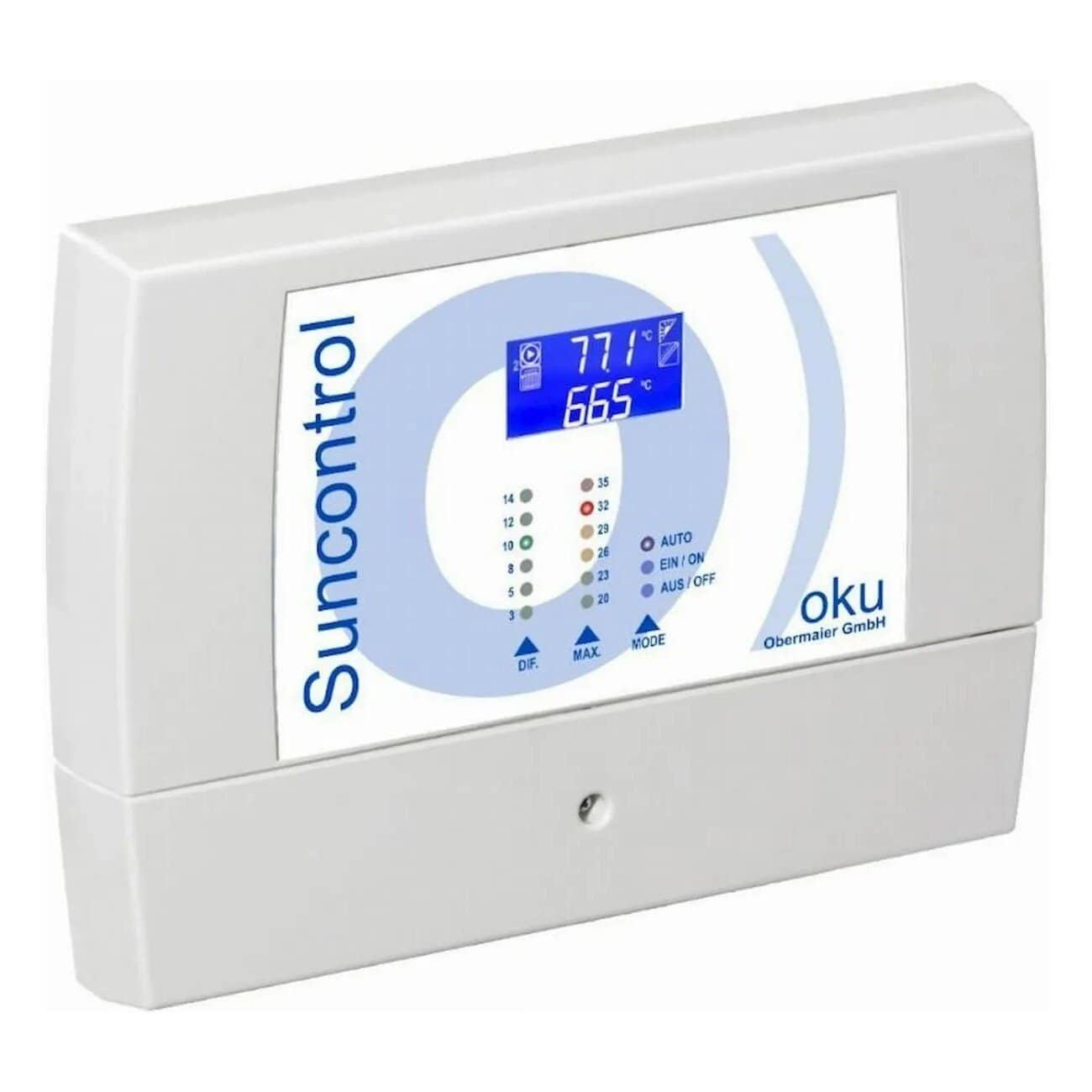 Digitale temperatuurregelaar voor zwembaden met LCD-display en bedieningsknoppen.