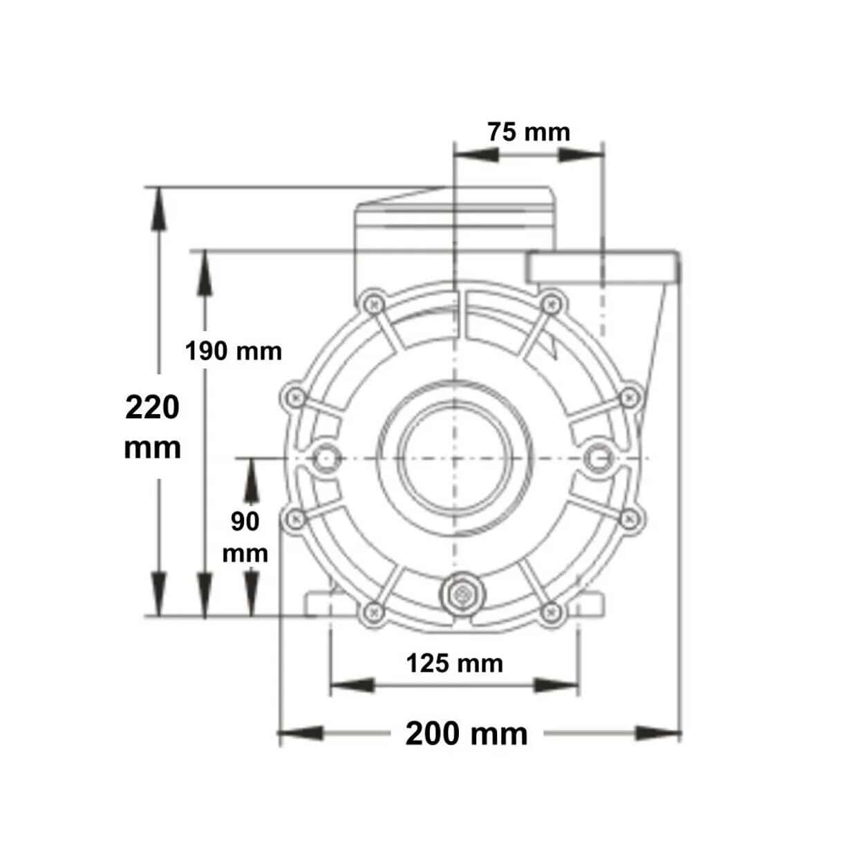Spa massagepomp LX LP200, 2 PK, 1 snelheidsinstelling, technische tekening met afmetingen.
