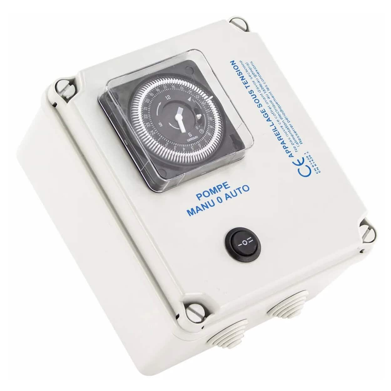 Elektrische pompregel met timer en manuele stand voor zwembadwater.