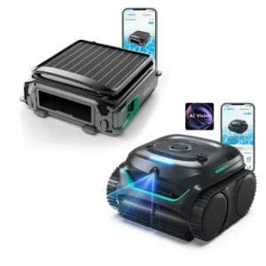 Geavanceerde zwembadreinigingsrobot met app-bediening en zonnepanelen.