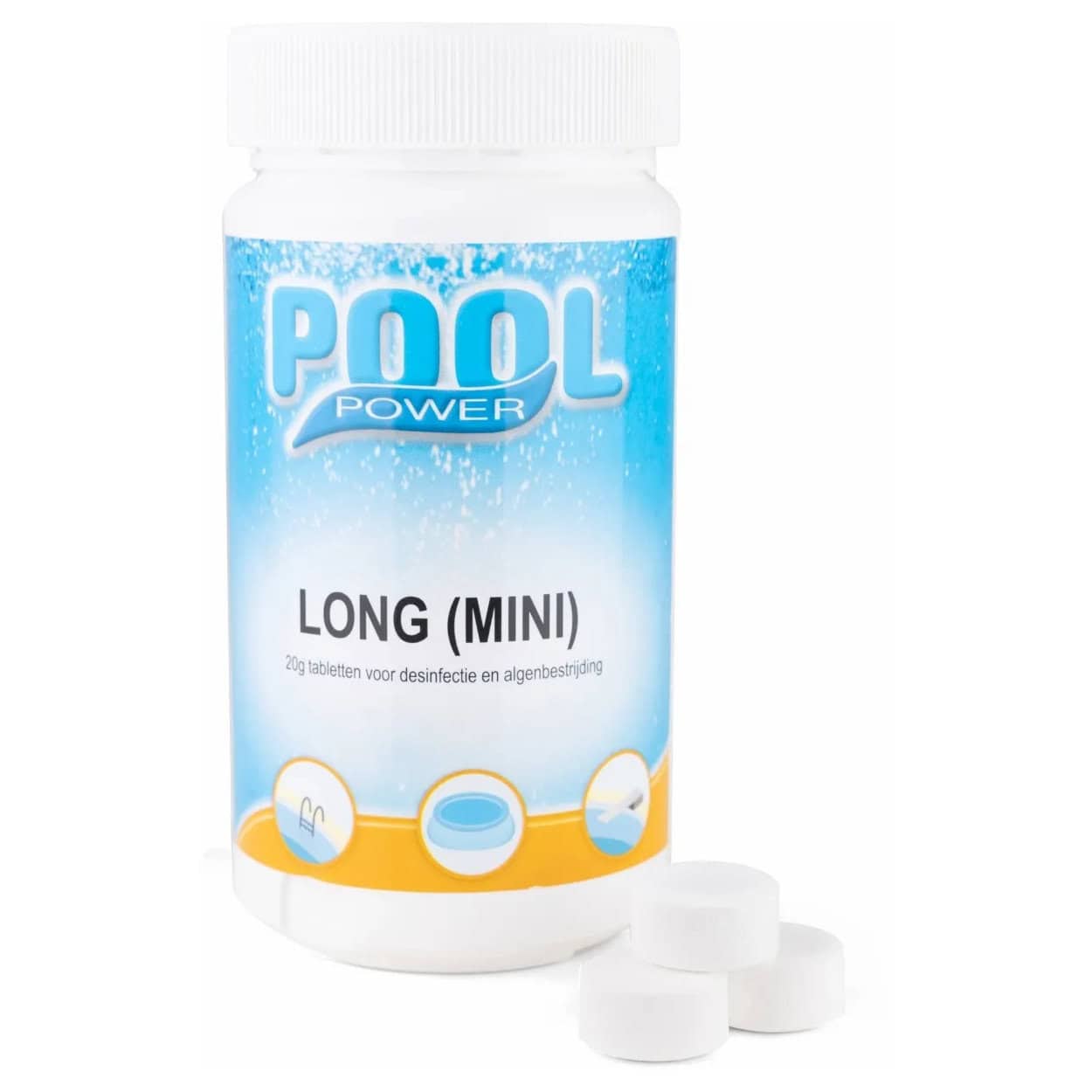 Chloortabletten voor zwembadreiniging, 20 gram, 1 kg verpakking.