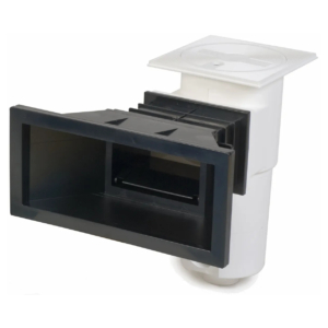 Zwarte Aquareva Skimmer met brede zuigmond voor zwembadreiniging.