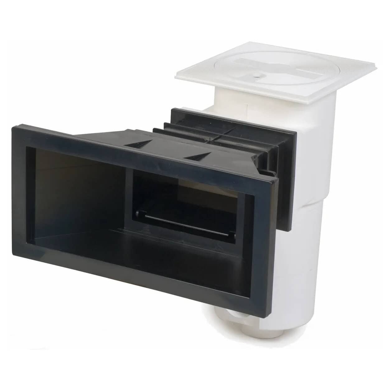 Zwarte Aquareva Skimmer met brede zuigmond voor zwembadreiniging.