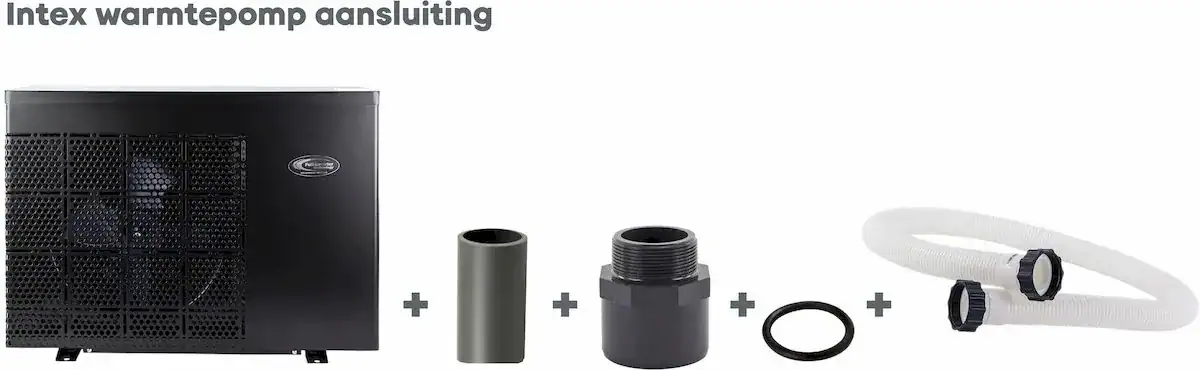 Intex warmtepomp aansluitset voor zwembadverwarming, inclusief koppelingen en slang.