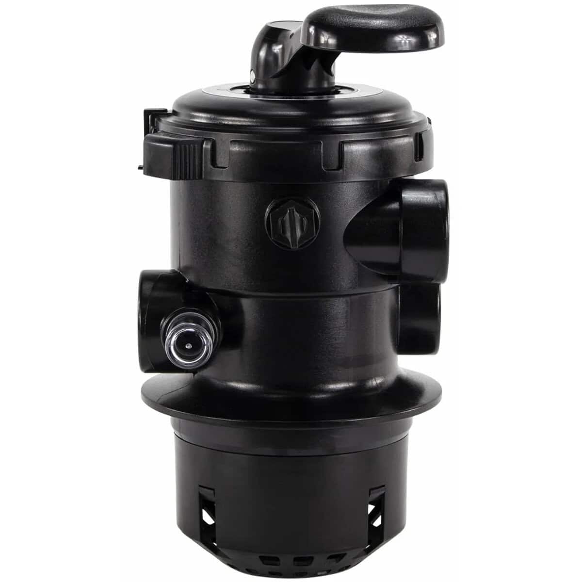 Zwart Mega+ 6-weg klep met klemdeksel voor MFV zandfilter, topmount aansluiting.