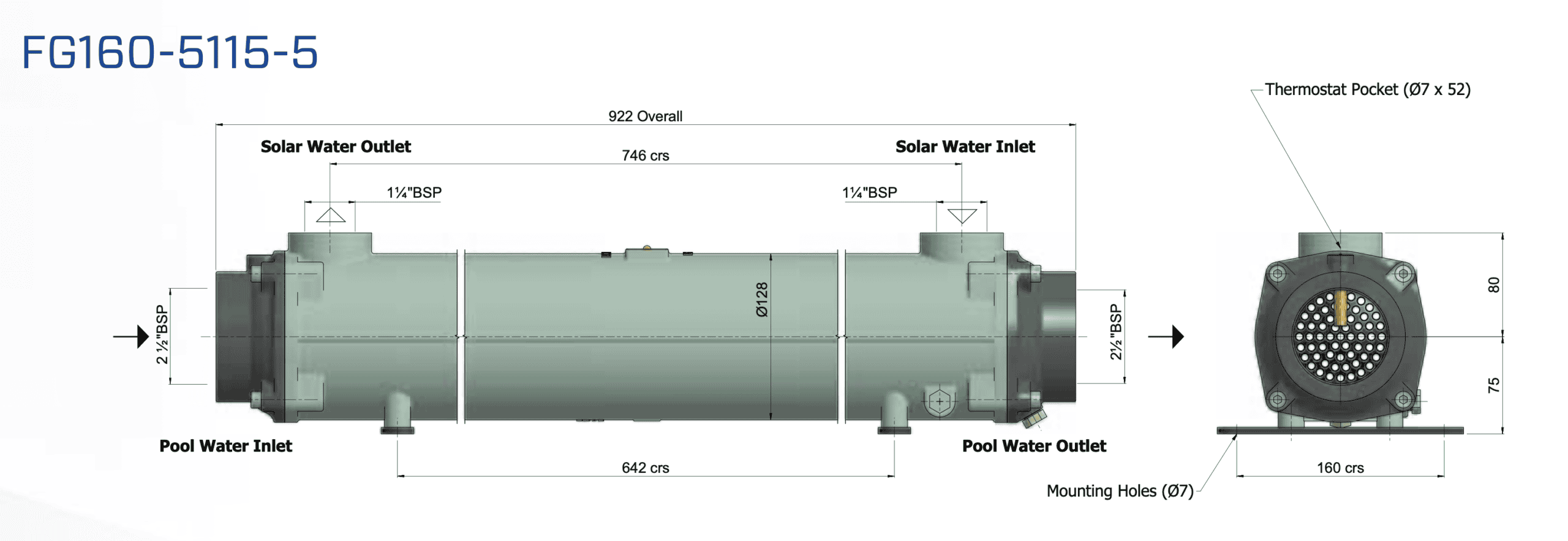 Zwembad warmtewisselaar Bowman FG160-5115-5T voor efficiënt zwembadwaterverwarming.