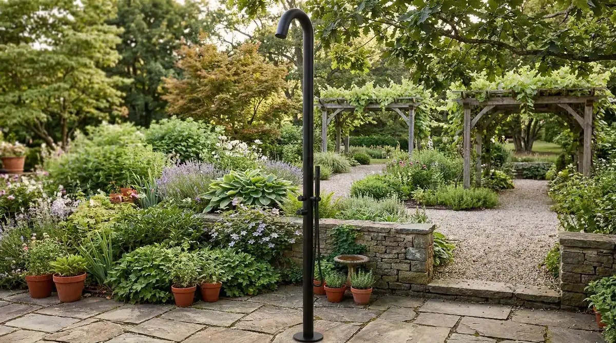 Eenvoudige buitendouche in matzwart RVS voor tuin en zwembad.