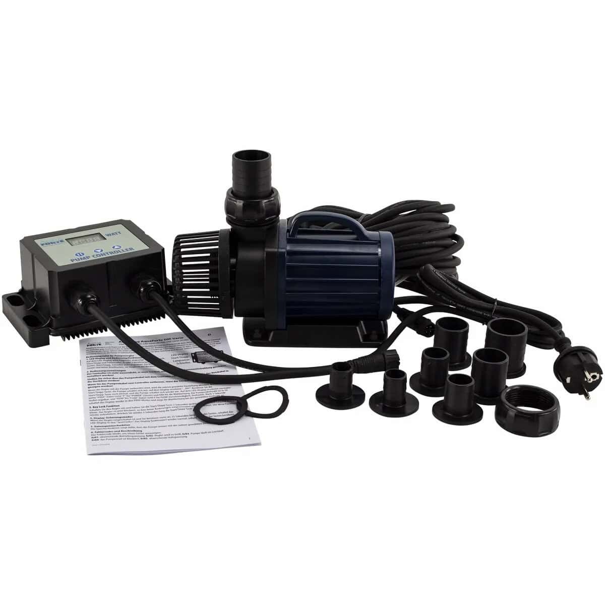 Vijverpomp voor watercirculatie en filtratie, inclusief accessoires.