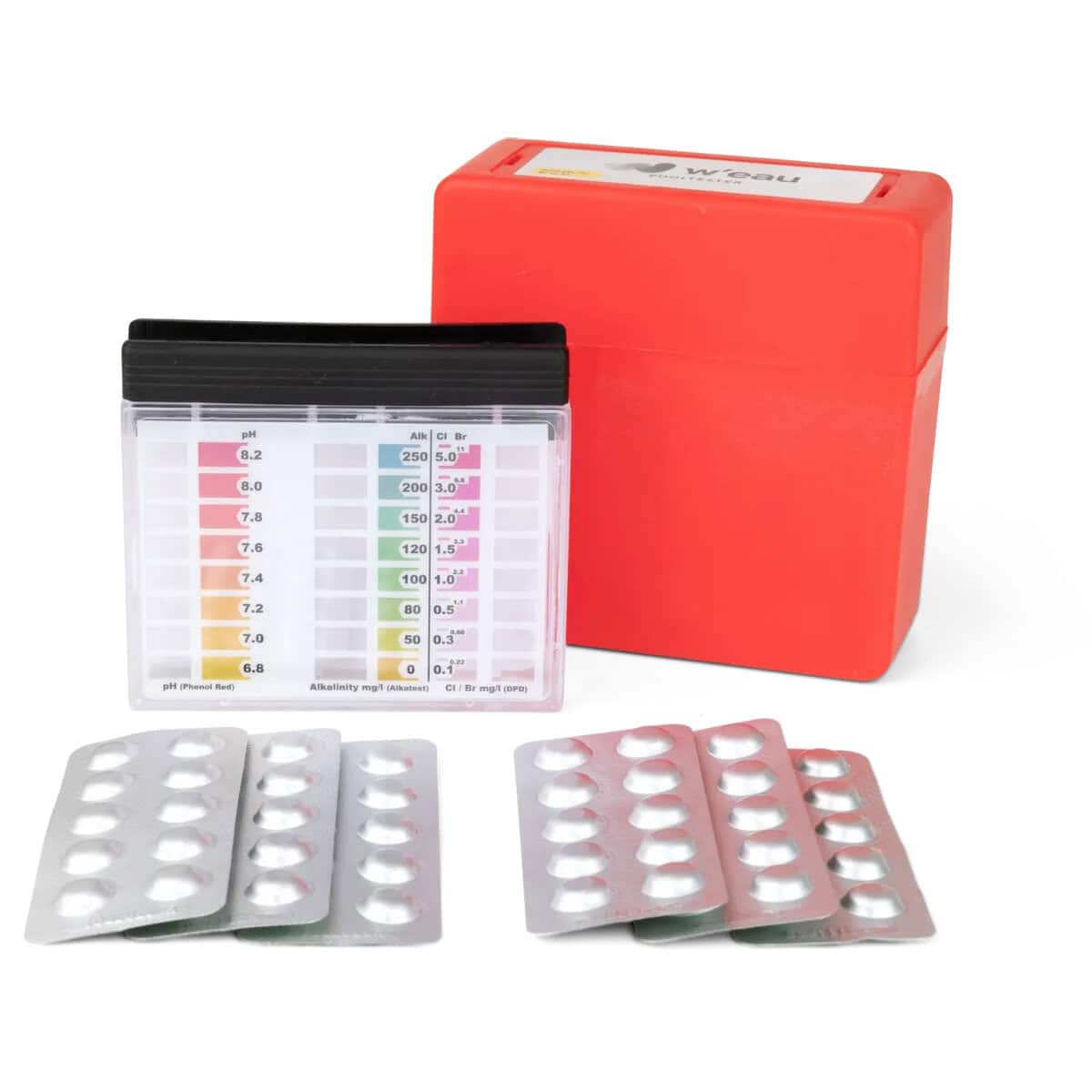 Testset voor zwembadwater, pH en chloor niveaus, inclusief teststrips en meetinstrument.