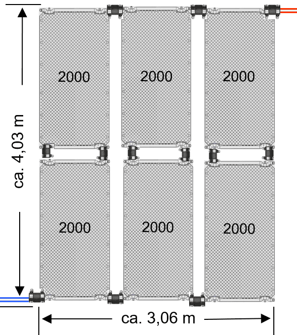 Zonnecollector voor zwembadverwarming, 6 panelen, 2000 liter per paneel, geschikt voor zonne-energie.