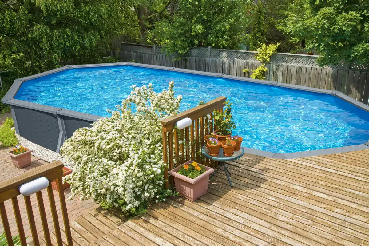 Zwemvijver in tuin met houten terras, omgeven door groen en planten, ideaal voor zomerse ontspanning.