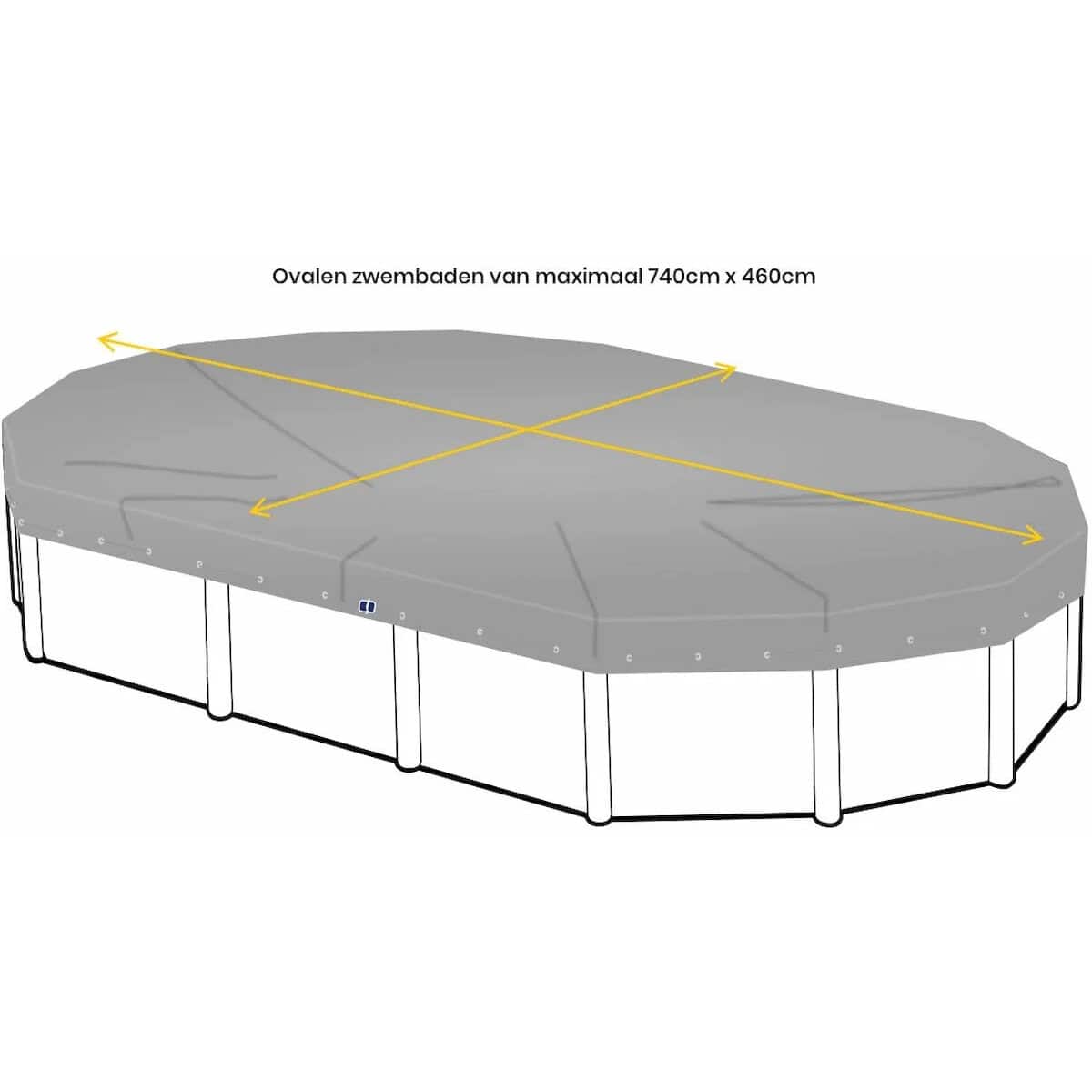 Ovalen zwembad van 740x460cm, geschikt voor tuin en recreatie.