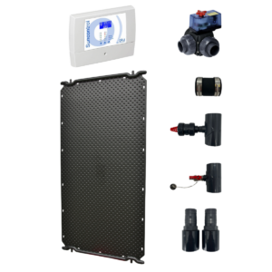 Complete zonneboilerset voor zwembadverwarming met zonnecollector en accessoires.