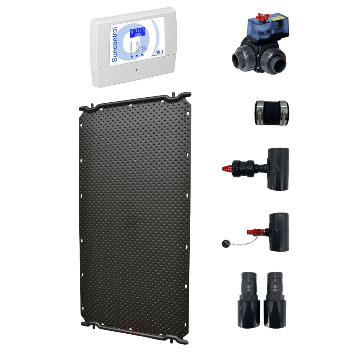 Complete zonneboilerset voor zwembadverwarming met zonnecollector en accessoires.