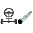 Zwembad accessoire met wielen en metalen buis voor zwembadonderhoud.