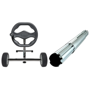 Zwembad accessoire met wielen en metalen buis voor zwembadonderhoud.