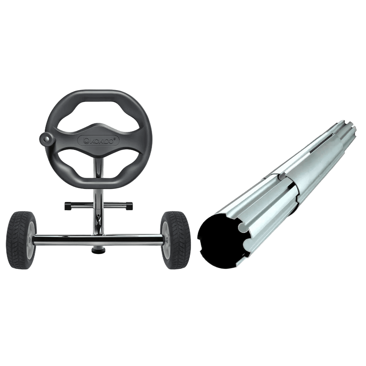 Zwembad accessoire met wielen en metalen buis voor zwembadonderhoud.