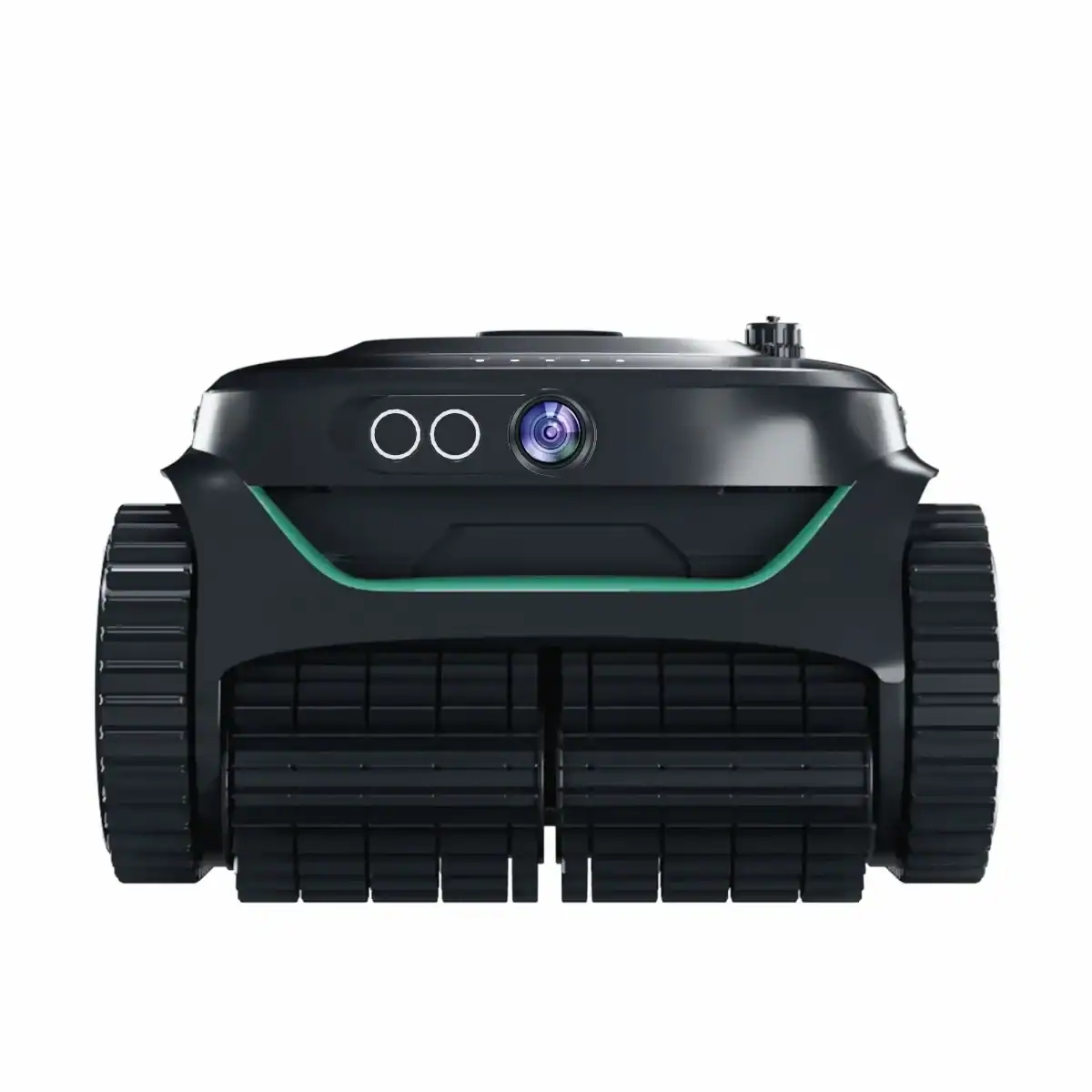 Automatische zwembad reinigingsrobot met grote wielen en camera.