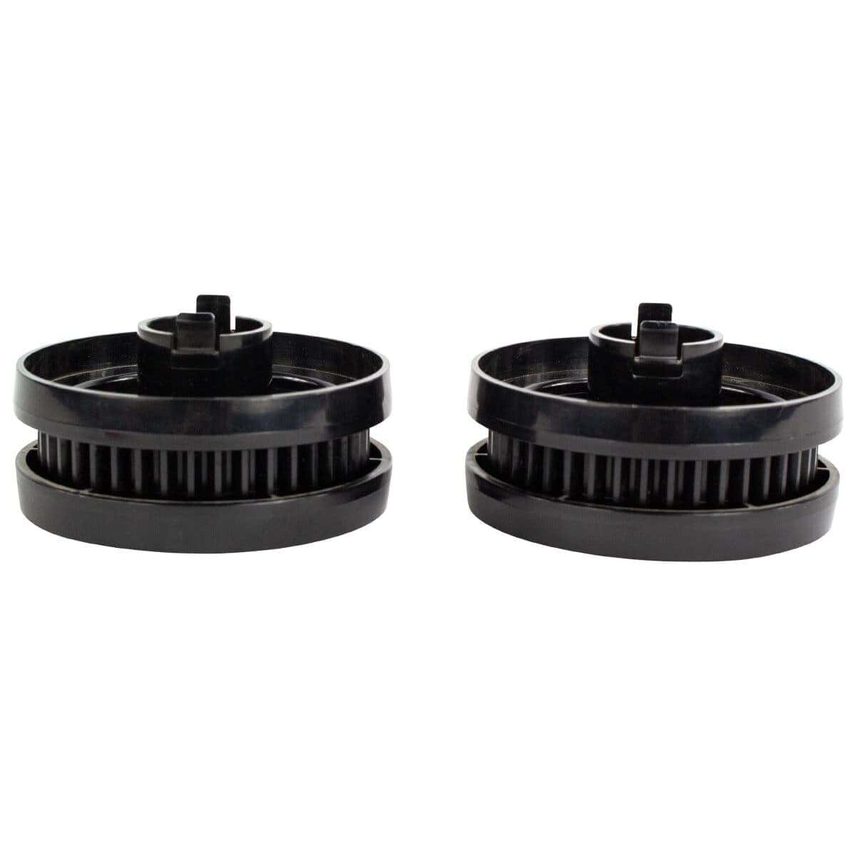 Twee zwarte pool filter kappen voor zwembadfilter, geschikt voor waterzuivering.