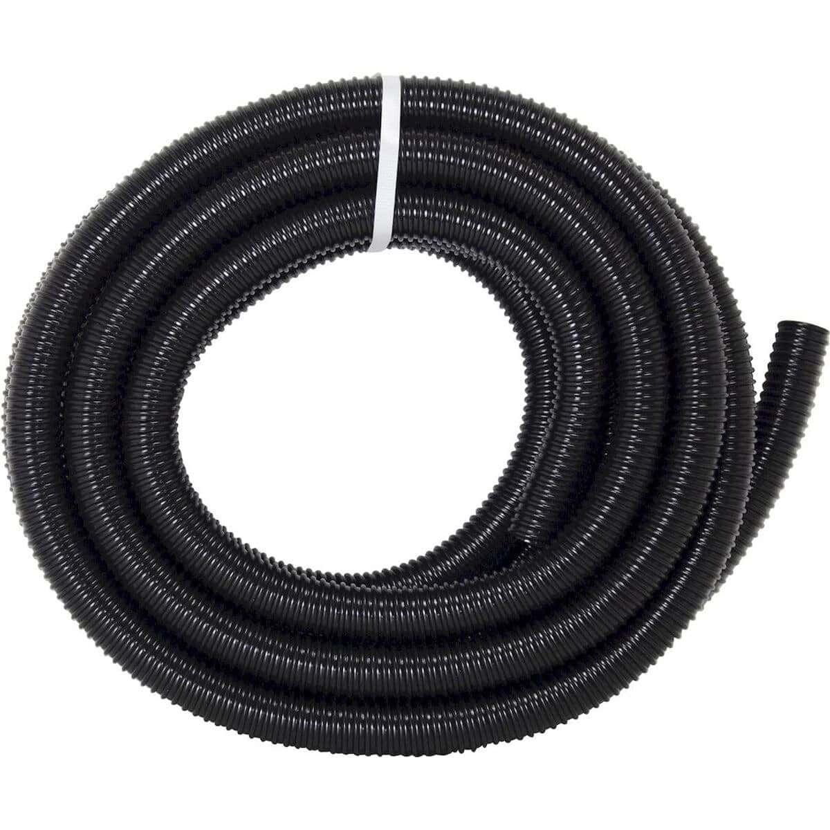 Zwarte flexibele zwembadslang voor watercirculatie en filtratie.