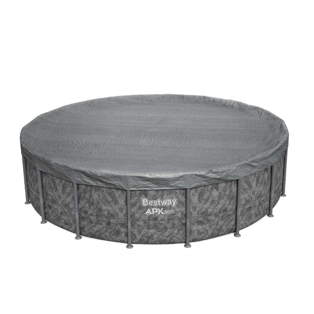 Zwembad met afdekzeil en metalen frame, geschikt voor tuin of terras. Perfect voor zomerse ontspanni.