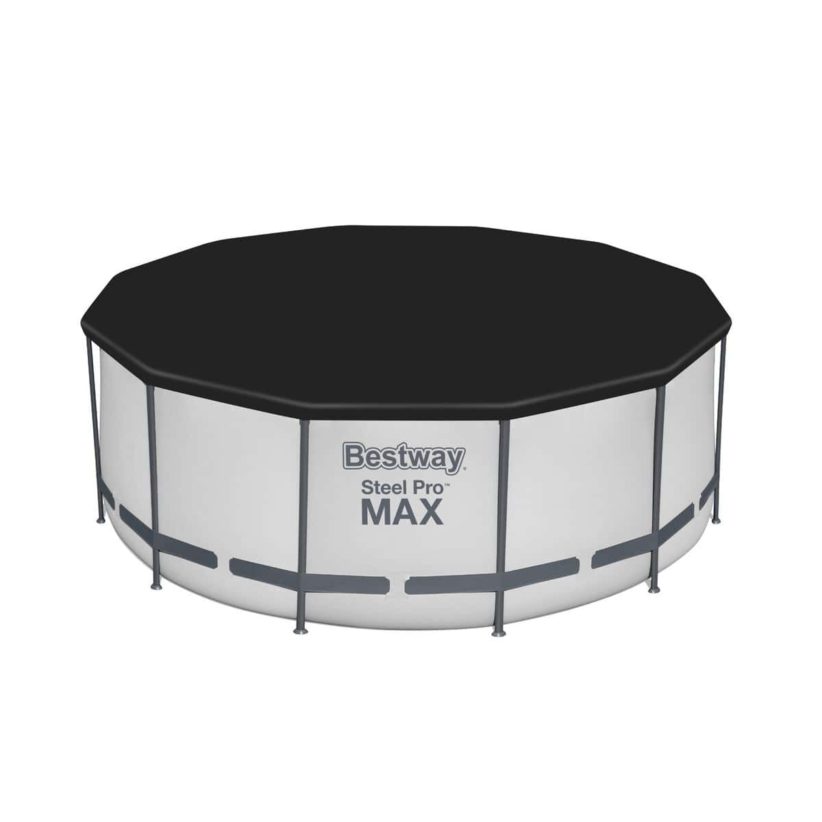 Bestway Steel Pro MAX zwembad met zwarte afdekking en metalen frame.