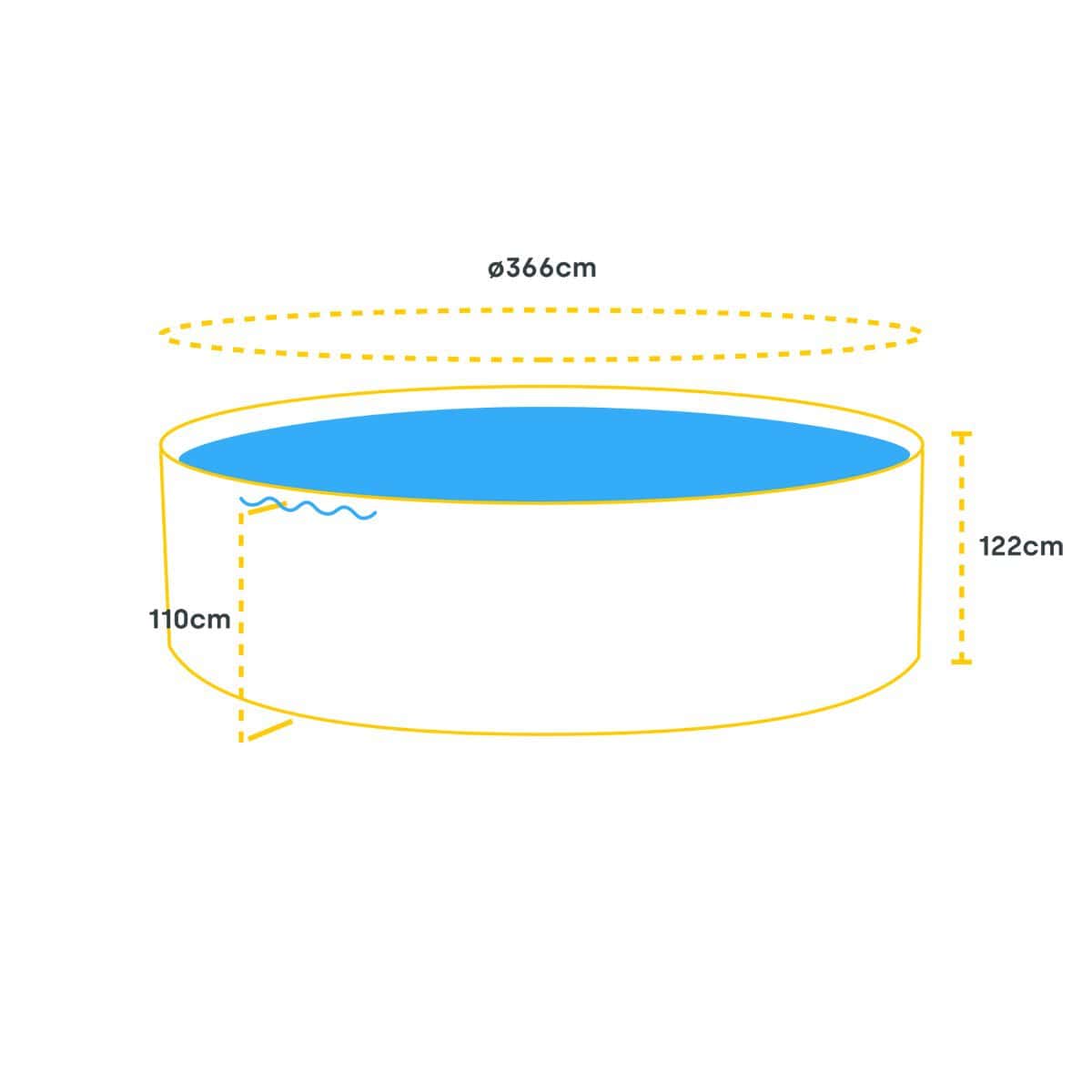 Rond opblaasbaar zwembad met diameter 366cm en diepte 122cm.