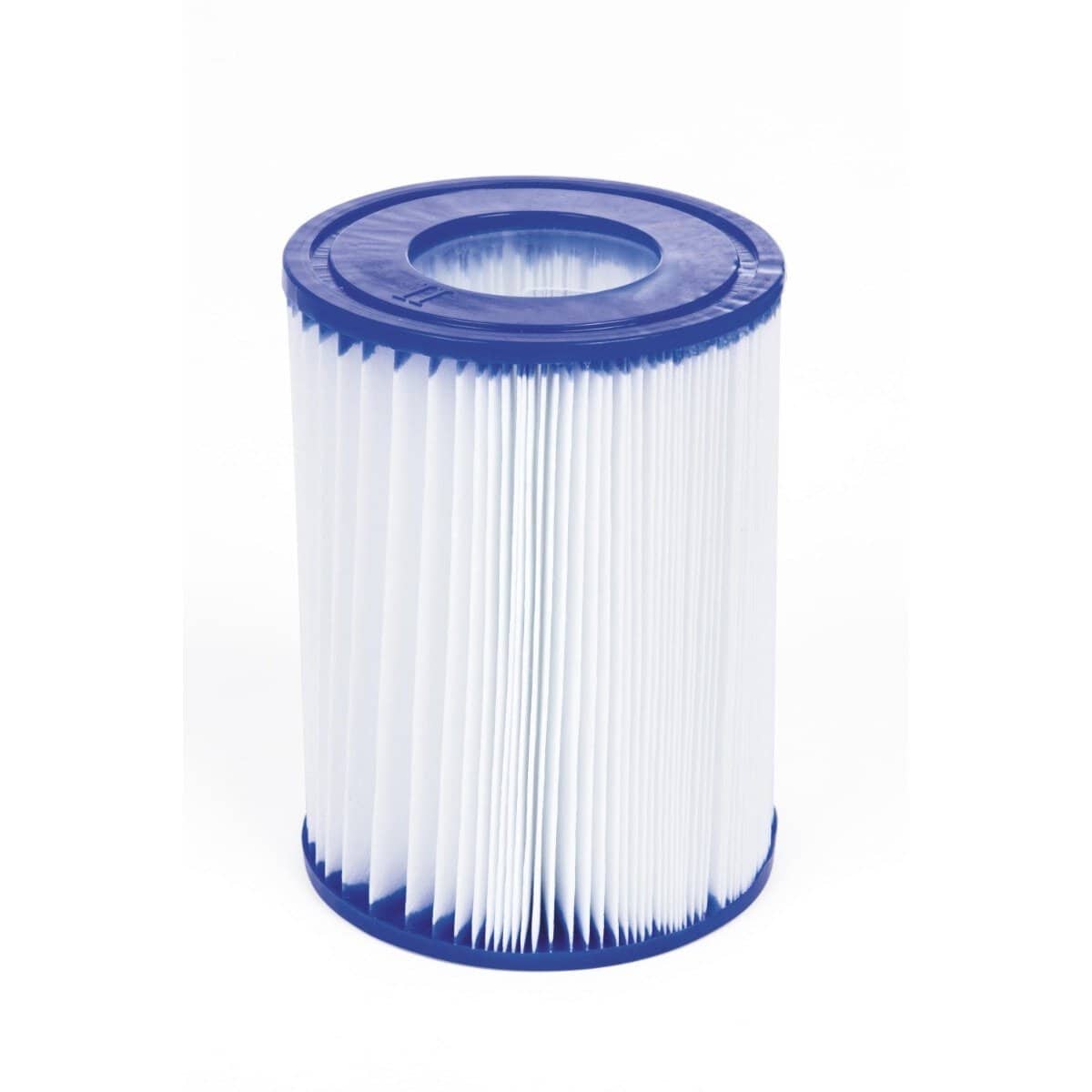 Poolfilter met witte filtermedia en blauwe rand voor zwembadreiniging.