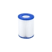Poolfilter met blauwe rand en witte filtermedia voor zwembadreiniging.