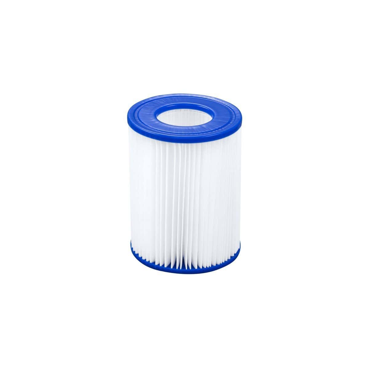Poolfilter met blauwe rand en witte filtermedia voor zwembadreiniging.