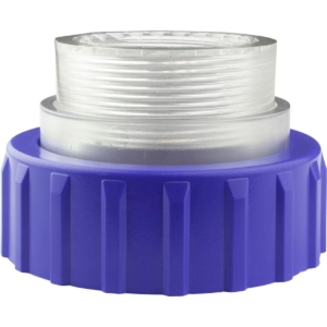 Zwembadfilter met blauwe basis en transparante filterpatroon.