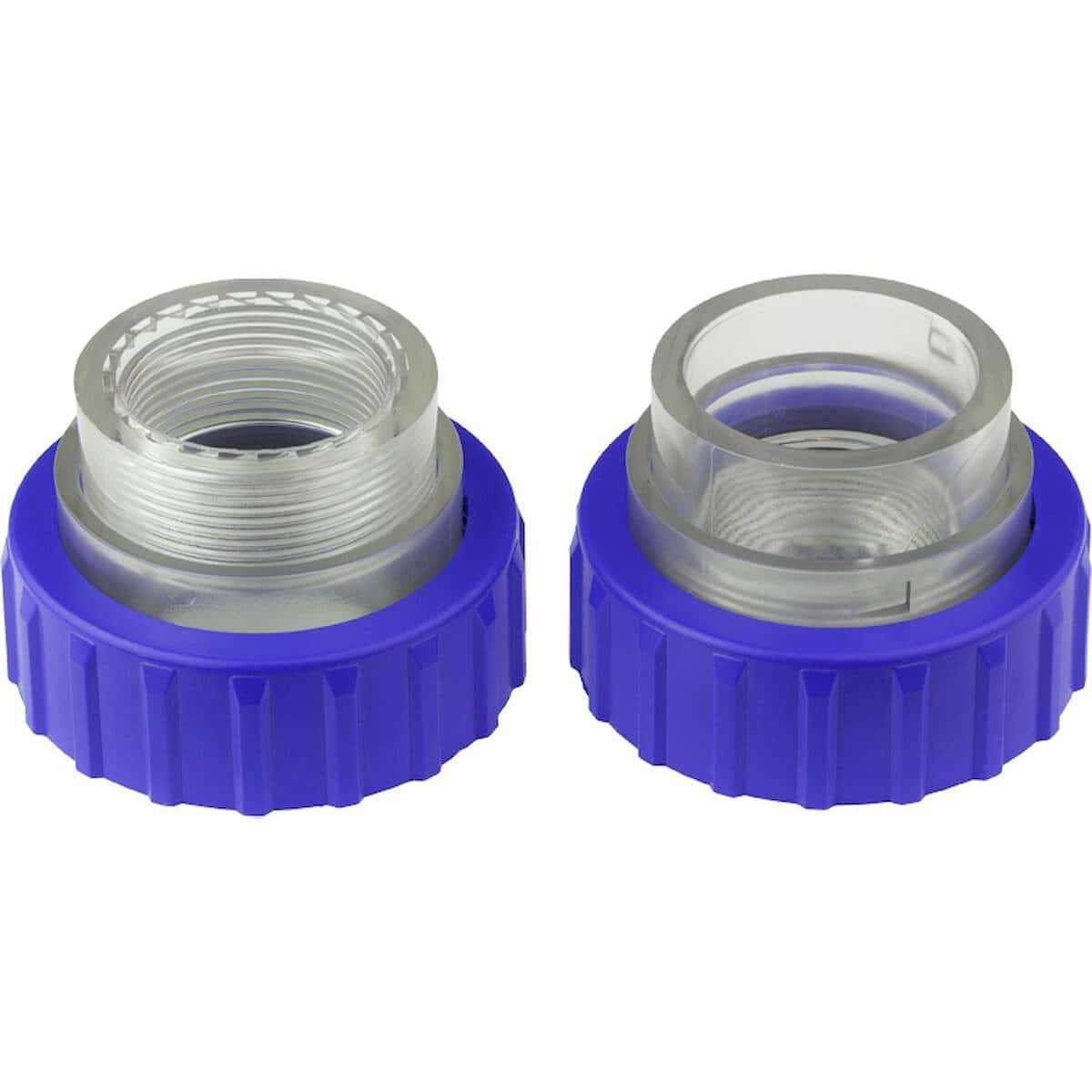 Twee zwembadfilterkoppelingen met blauwe basis en transparante bovenkant voor waterfiltering.