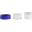 Drie zwembad accessoires, filter en pomp onderdelen in transparant en blauw.