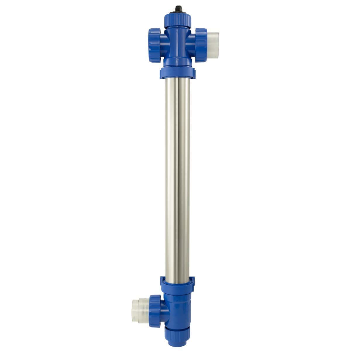 Pool filteronderdeel met blauwe en witte aansluitingen voor zwembadwater.