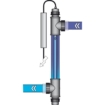 Illustratie van zwembadfilter met waterinlaat en -uitlaat voor zwembadonderhoud.