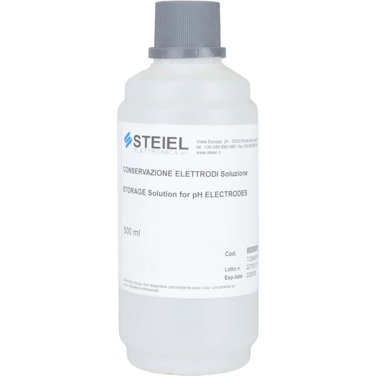 Opslagoplossing voor pH-elektroden in een witte fles met grijs deksel.